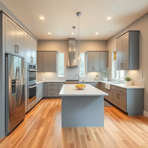 Modern Bedford TX kitchen remodel with sleek cabinets stainless steel appliances granite island hardwood floors and natural light