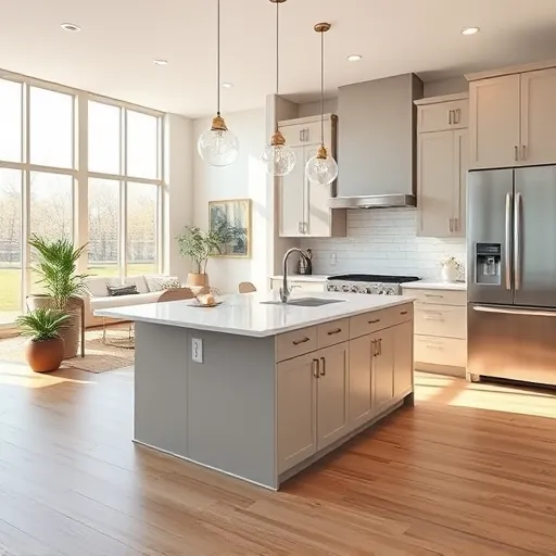 Modern Arlington Texas kitchen with sleek matte cabinets, marble island, stainless appliances, elegant backsplash, natural light