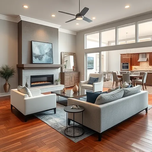 Elegant living room in Grapevine TX with modern design, custom fireplace, neutral furniture, and abundant natural light.
