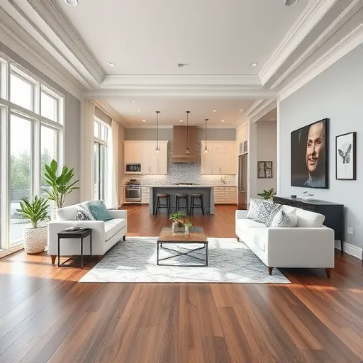 Stylish remodeled living room in Keller TX with elegant wood flooring, modern decor, and open-concept kitchen features.