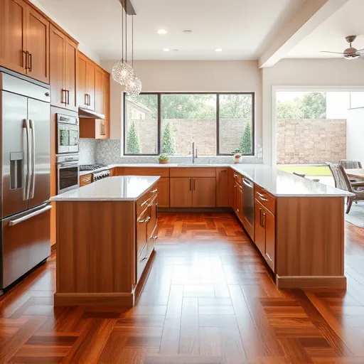 Modern Westworth Village kitchen with sleek wood cabinets, quartz island, stainless appliances, and landscaped backyard view