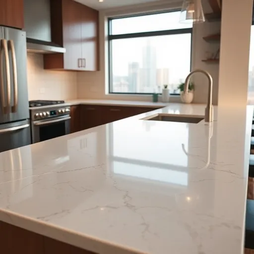 New high-end kitchen countertop with neutral veined quartz, sleek cabinetry, stainless appliances, and modern decor in Fort Worth