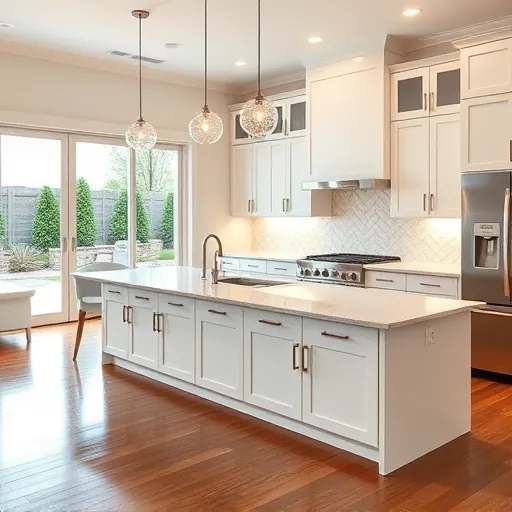 Remodeled Edgecliff Village TX kitchen with white cabinetry, quartz island, stainless steel appliances, geometric backsplash, natural light, and hardwood floors