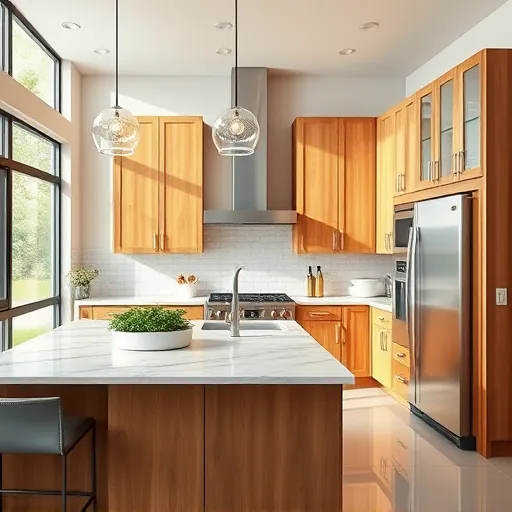 Modern Azle Texas kitchen with wood cabinets stainless steel appliances marble island natural light elegant backsplash