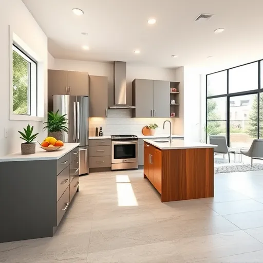 Beautiful modern kitchen in Justin TX with sleek matte cabinets stainless steel appliances quartz countertops large open windows and stylish island
