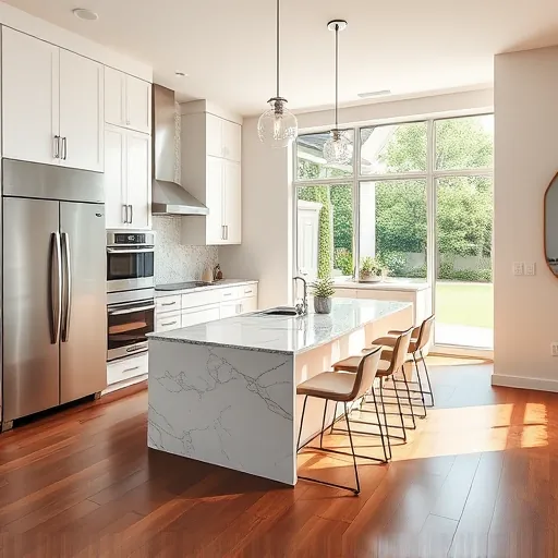 Contemporary kitchen in Richland Hills TX features modern cabinetry, marble countertop, stainless appliances, and bright natural light.