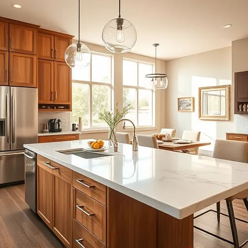Completed Haltom City kitchen remodel with quartz countertops stainless appliances warm wood cabinetry pendant lighting and open-concept design