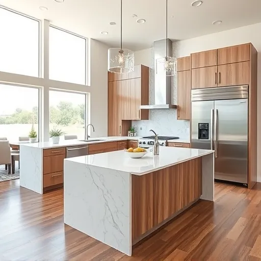 Newly remodeled Aledo Texas kitchen with quartz countertops, stainless appliances, wooden island, large windows, and warm hardwood flooring