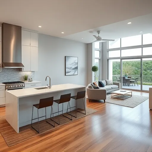 Modern kitchen and living area in Euless, TX featuring sleek appliances, granite countertops, and elegant décor.
