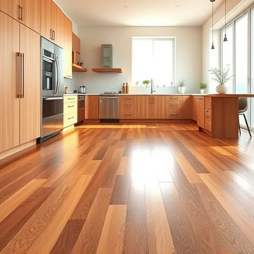 Recently installed polished hardwood kitchen flooring with natural wood tones, modern cabinetry, stainless appliances, and bright natural light