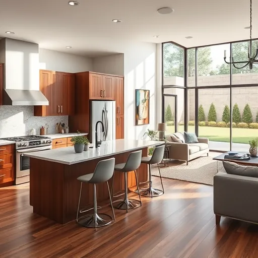 Modern kitchen remodel in Crowley TX features walnut cabinetry, marble countertop, and inviting living area with natural light.