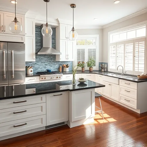 Renovated Haltom City kitchen featuring sleek white cabinetry, dark granite countertops, stainless steel appliances, and a large island.