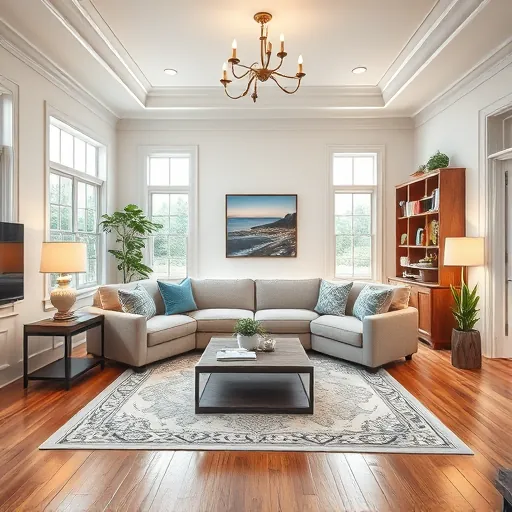 Inviting Everman TX living room blending modern rustic elements with warm wooden floors and large windows.