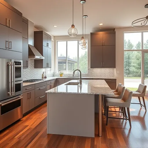 Kitchen remodel in Keller Texas with modern matte cabinetry stainless steel appliances granite island pendant lighting backsplash neutral tones hardwood floor open-concept design