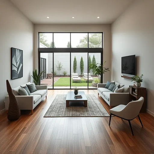 Modern living room remodel in Bedford TX with sleek furniture, wooden flooring, and natural light enhancing the serene design.