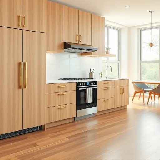 Modern kitchen with quartz countertops, wood cabinetry, stainless steel appliances, hardwood floors, and large windows overlooking a lush backyard