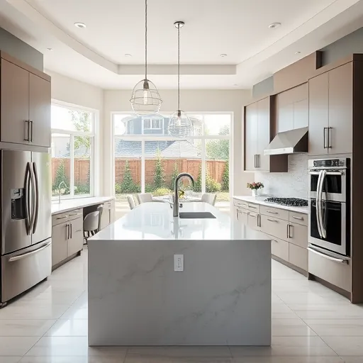 Modern kitchen remodel in Mansfield TX featuring matte cabinetry, quartz island, stainless steel appliances, and a serene backyard view.