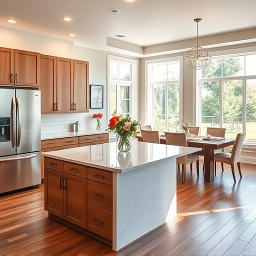 Modern kitchen in Weatherford TX featuring a polished quartz island, stainless steel appliances, and warm cabinetry.