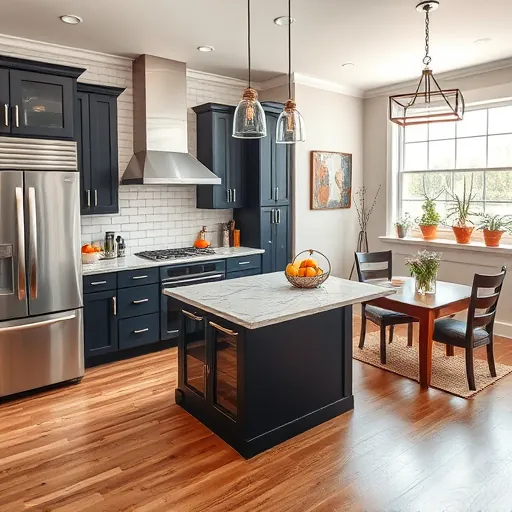 Modern kitchen in North Richland Hills with navy cabinetry, quartz counters, stainless appliances, and cozy dining area.