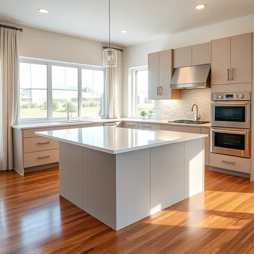 Modern Crowley Texas kitchen remodel with sleek matte cabinets, quartz island, stainless steel appliances, hardwood floors and natural light