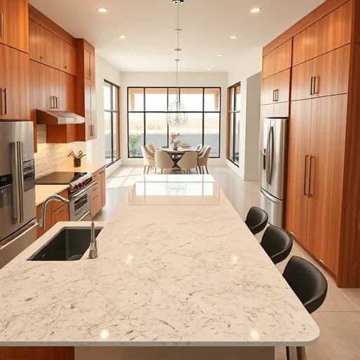 Completed modern kitchen in Justin TX with warm wood cabinets granite countertops stainless steel appliances and natural light