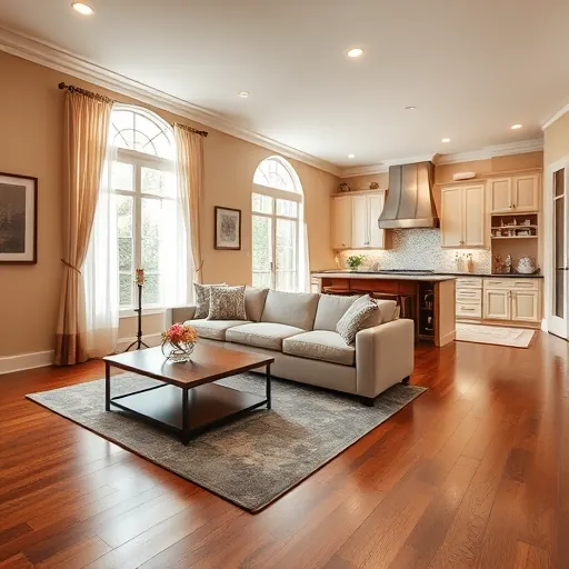 Modern living room in Blue Mound TX showcases open floor plan with stylish decor and state-of-the-art kitchen.
