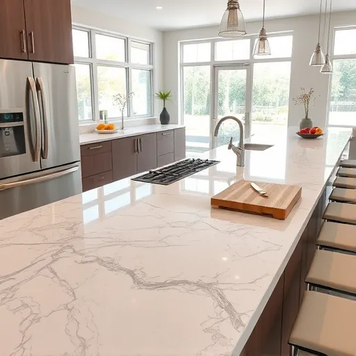 Modern kitchen with a polished quartz countertop featuring subtle veining, sleek cabinetry, stylish backsplash, natural light.