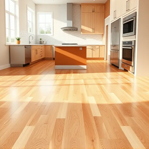 Newly installed polished oak hardwood flooring in a modern Fort Worth kitchen with stainless steel appliances and natural light