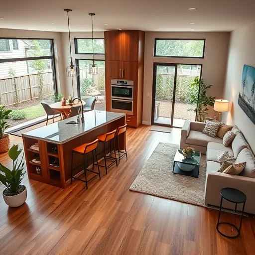 Modern kitchen and living area transformation in Mansfield TX with walnut cabinetry, quartz countertops, and open floor plan.