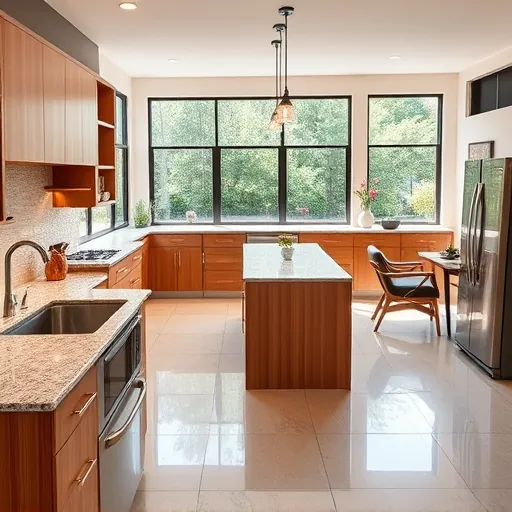 Renovated modern kitchen in Edgecliff Village TX with granite counters stainless steel appliances and lush backyard view