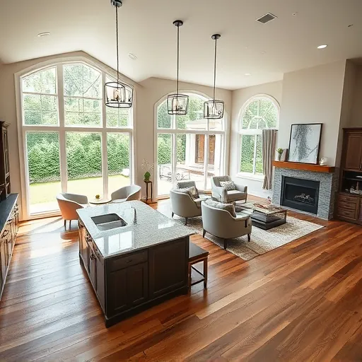 Home remodeling project in Bedford TX with open-concept living, elegant hardwood floors, and a stylish kitchen island.