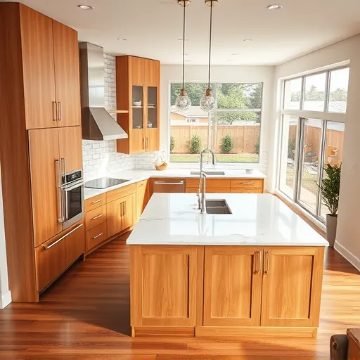 Completed kitchen remodel in Fort Worth TX featuring modern design, granite countertops, island, and stainless steel appliances.