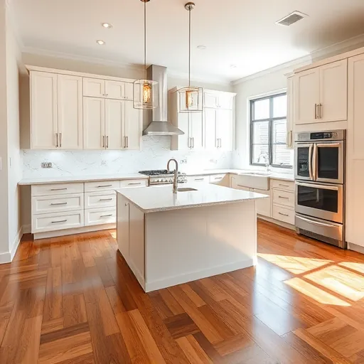 Modern renovated Haslet kitchen with sleek matte cabinets quartz countertops stainless steel appliances hardwood floors and ample sunlight