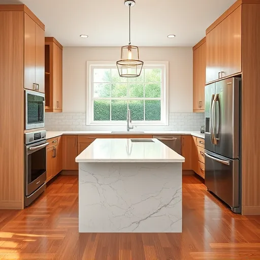 Completed modern kitchen in Everman TX with granite countertops stainless steel appliances hardwood floors and elegant cabinetry