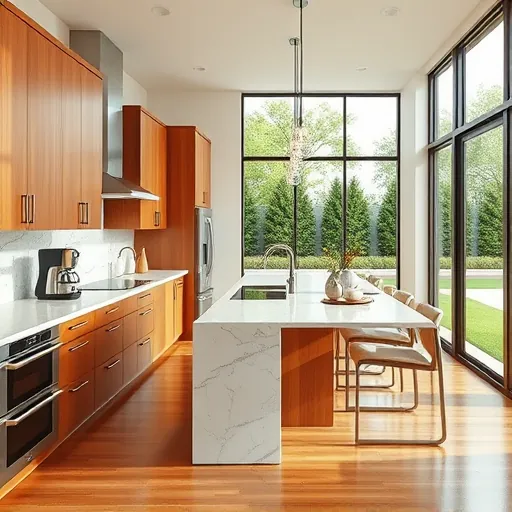 Newly renovated modern kitchen in Grapevine TX with wood cabinetry, marble countertops, and stainless steel appliances.