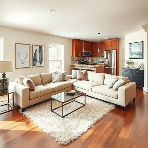 Modern Grand Prairie TX living room with open layout, hardwood floors, neutral walls, and stylish furniture accents.