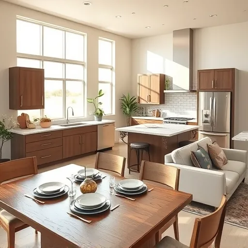 Modern kitchen remodel in Rendon TX with granite countertops, dining area, and serene natural light throughout.