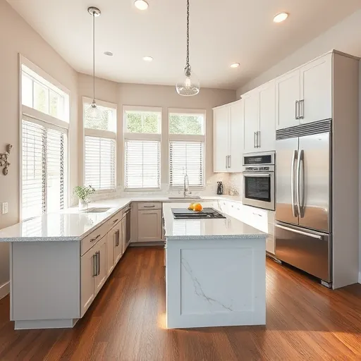 Recently remodeled modern kitchen in Azle Texas with matte cabinets quartz countertops stainless steel appliances hardwood floors and large windows