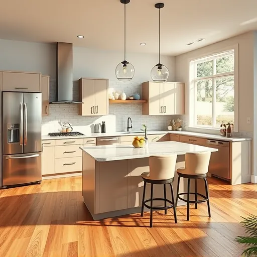Modern kitchen in Justin TX features stainless steel appliances, quartz countertops, custom cabinetry, and natural light.