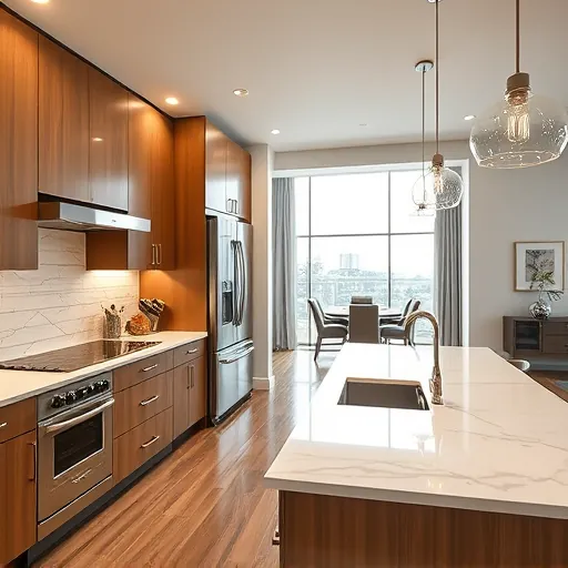 Renovated Grand Prairie TX kitchen with warm wood cabinets stainless steel appliances marble island bright lighting and modern decor