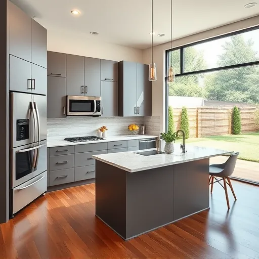 Modern kitchen in Lake Worth TX with sleek matte cabinets quartz countertops stainless steel appliances hardwood floors and natural lighting