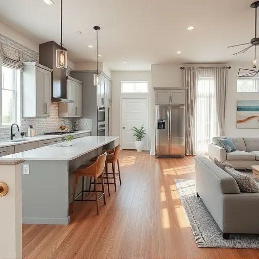 Modern kitchen remodel in Everman TX featuring gray cabinetry, quartz countertops, stainless steel appliances, and natural light.