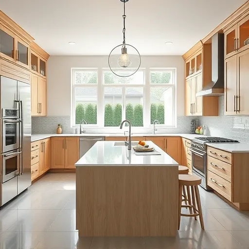 Modern renovated kitchen in Justin Texas with light maple cabinets stainless steel appliances marble island pendant lighting and natural sunlight