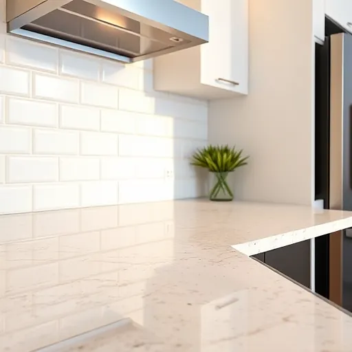 Modern kitchen with glossy ceramic herringbone backsplash, quartz countertops, stainless steel appliances, bright natural light