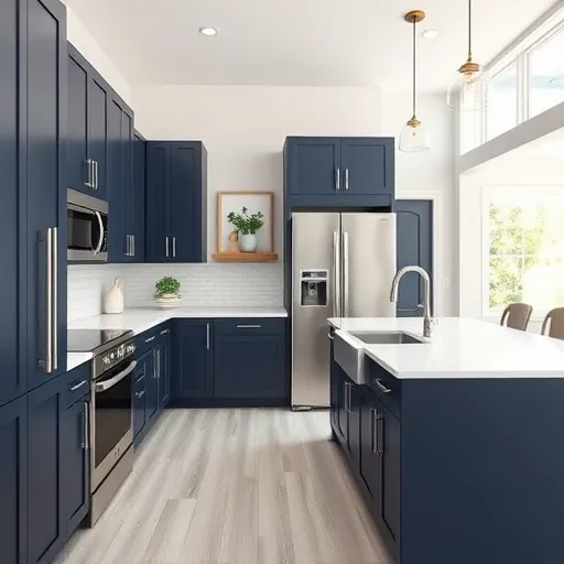Renovated modern kitchen in Blue Mound TX with navy-blue cabinets, marble countertops, stainless steel farmhouse sink, and white subway tile backsplash