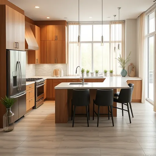 Remodeled kitchen in Fort Worth with quartz countertops, stainless steel appliances, wooden cabinetry, and natural light.