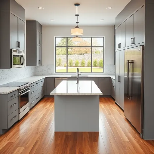 Recently renovated Northlake TX kitchen with modern black cabinetry, quartz counters, marble backsplash, hardwood floors, and large windows
