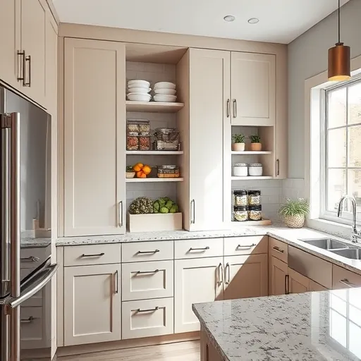 Modern kitchen with brushed nickel cabinet handles and knobs, southwestern tiles, bright natural lighting and organized countertops