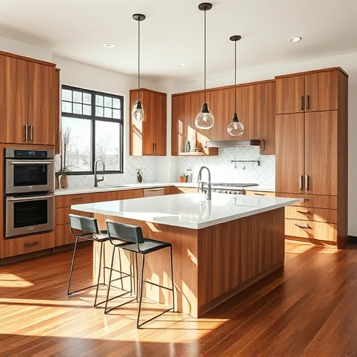 Completed modern kitchen in Grapevine TX with wood cabinets black hardware quartz island stainless appliances and natural light