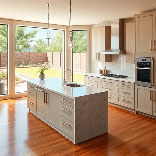 Recently remodeled Crowley TX kitchen with modern matte cabinetry, granite island, stainless appliances, hardwood floors, and outdoor view